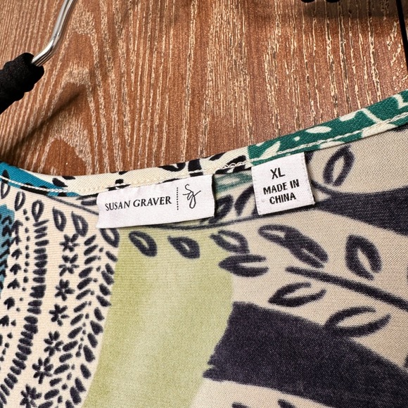 Susan Graver Womens XL Paisley Print 3/4 Sleeve Top Blouse Teal Blue Stretch - Picture 3 of 5